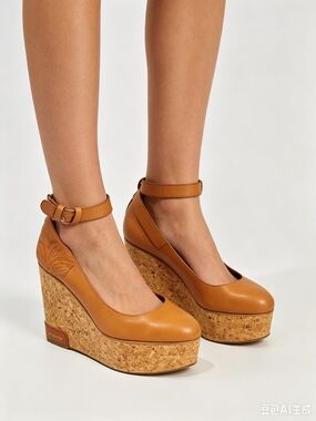 Sergio Rossi Tan Leather Ankle-Strap Cork Wedge Pumps